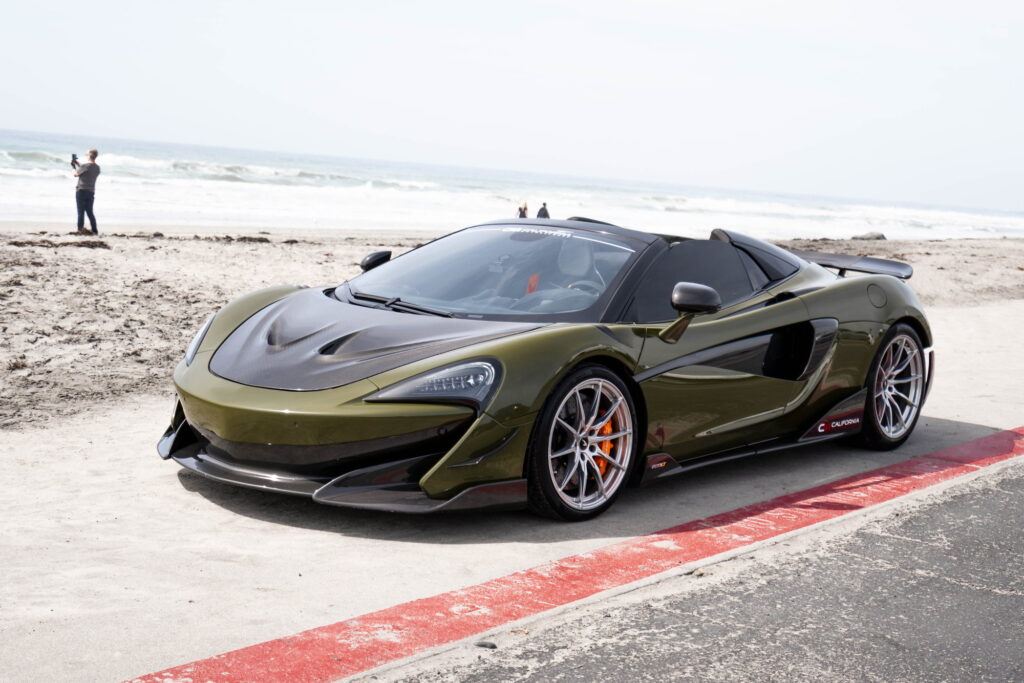 2020 McLaren 600LT Spider in Inozetek Army Green with a 1016 carbon fiber hood, California Motorsports shop car