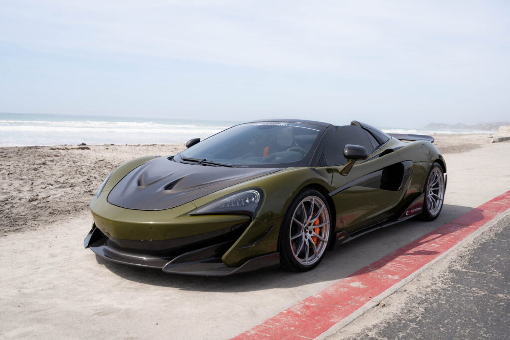 2020 McLaren 600LT Spider in Inozetek Army Green with a 1016 carbon fiber hood, California Motorsports shop car