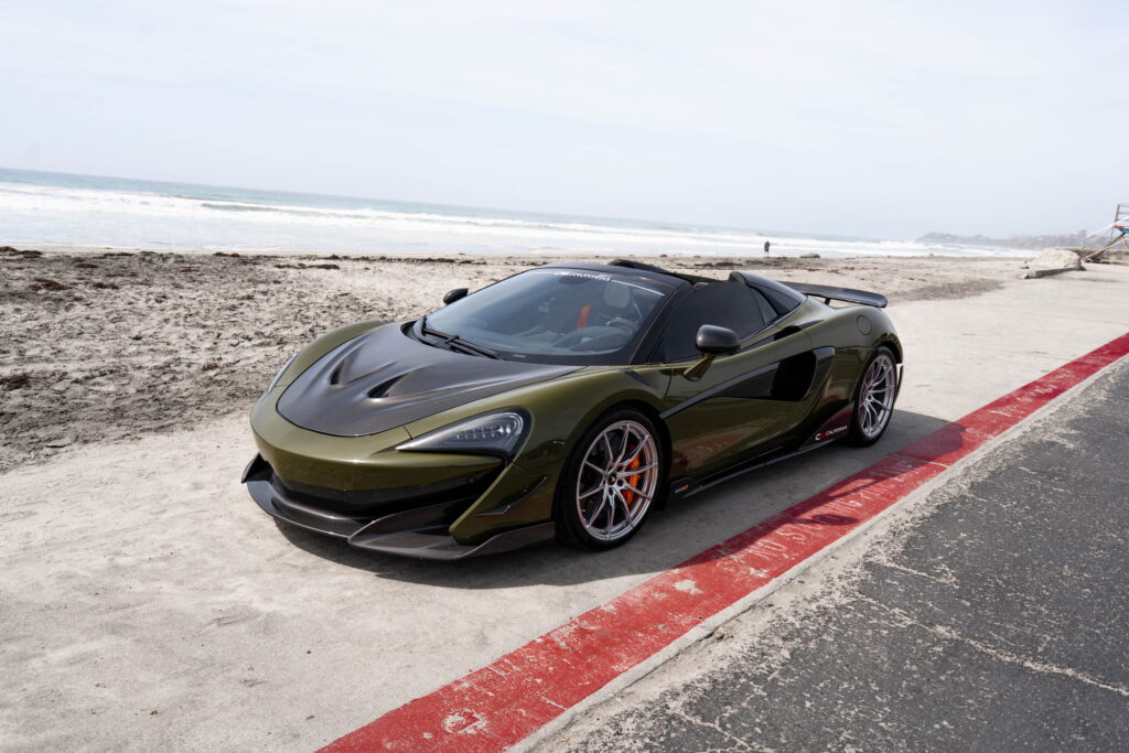 2020 McLaren 600LT Spider in Inozetek Army Green with a 1016 carbon fiber hood, California Motorsports shop car