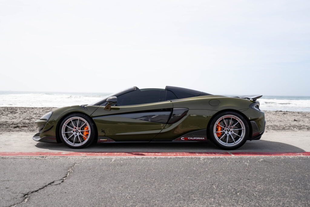 2020 McLaren 600LT Spider in Inozetek Army Green with a 1016 carbon fiber hood, California Motorsports shop car