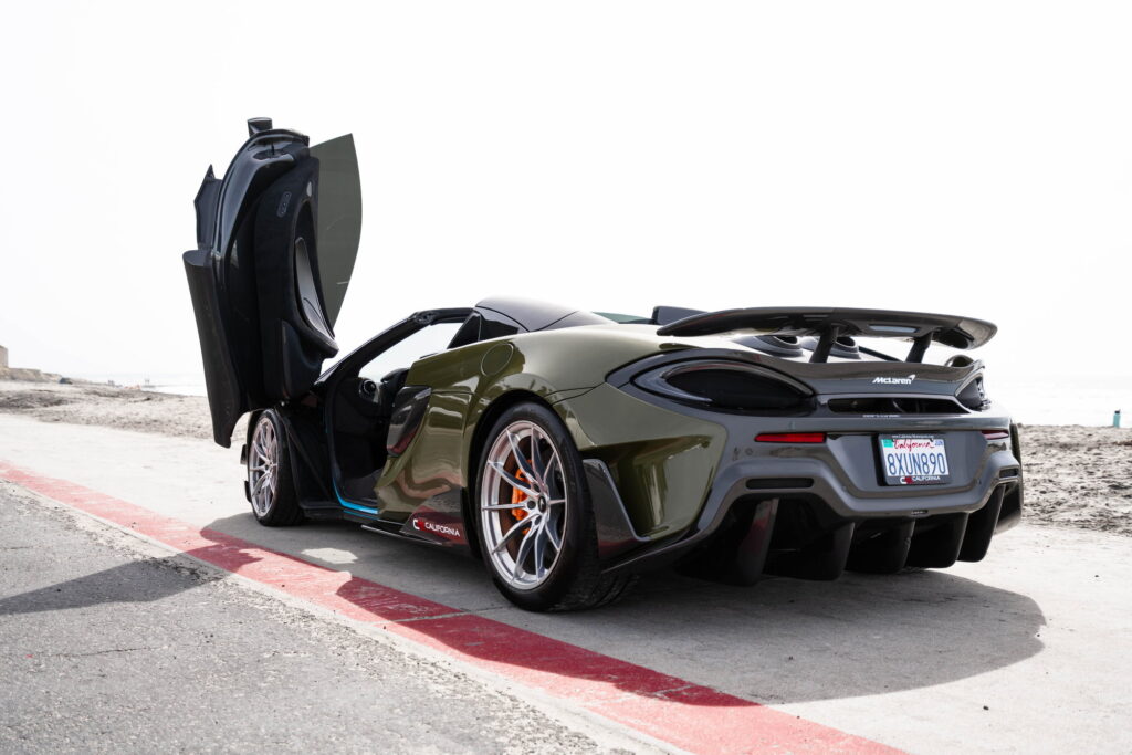 2020 McLaren 600LT Spider in Inozetek Army Green with a 1016 carbon fiber hood, California Motorsports shop car