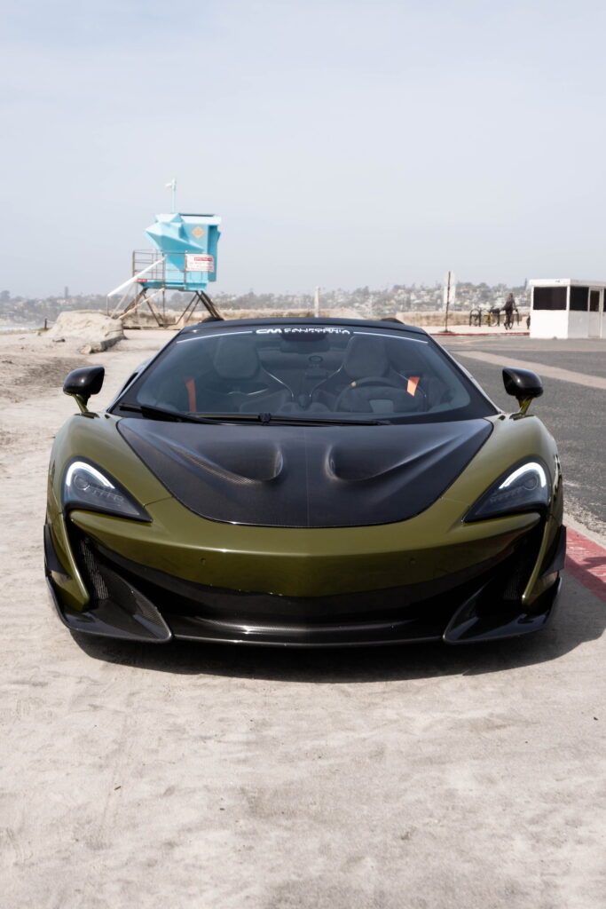 2020 McLaren 600LT Spider in Inozetek Army Green with a 1016 carbon fiber hood, California Motorsports shop car