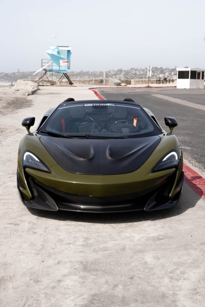 2020 McLaren 600LT Spider in Inozetek Army Green with a 1016 carbon fiber hood, California Motorsports shop car