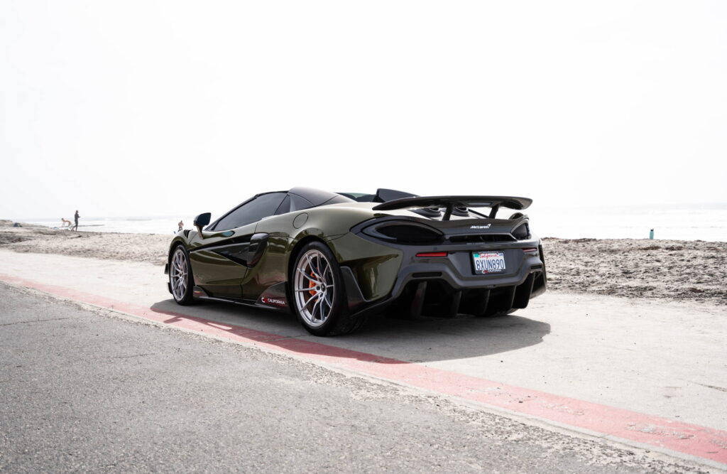 2020 McLaren 600LT Spider in Inozetek Army Green with a 1016 carbon fiber hood, California Motorsports shop car