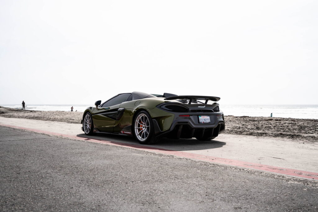 2020 McLaren 600LT Spider in Inozetek Army Green with a 1016 carbon fiber hood, California Motorsports shop car