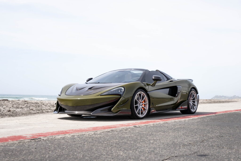 2020 McLaren 600LT Spider in Inozetek Army Green with a 1016 carbon fiber hood, California Motorsports shop car