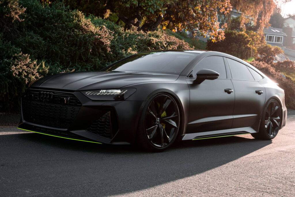 Audi RS7 in 3M 2080 Satin Black with acid green accents by California Motorsports, El Cajon