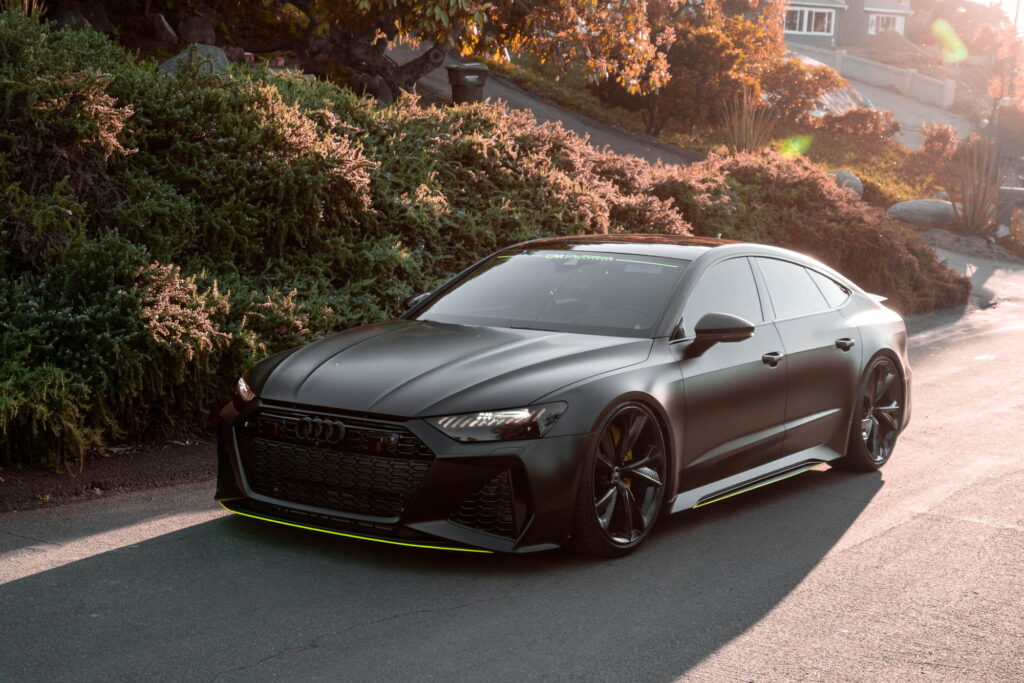 Audi RS7 in 3M 2080 Satin Black with acid green accents by California Motorsports, El Cajon
