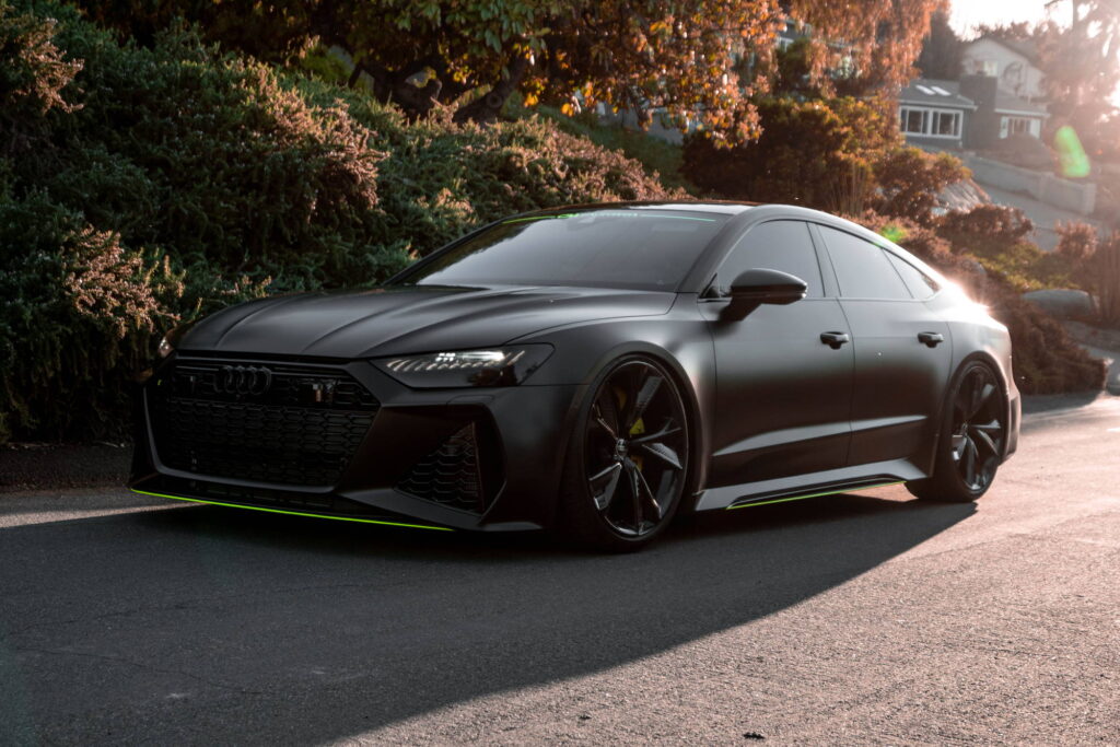Audi RS7 in 3M 2080 Satin Black with acid green accents by California Motorsports, El Cajon