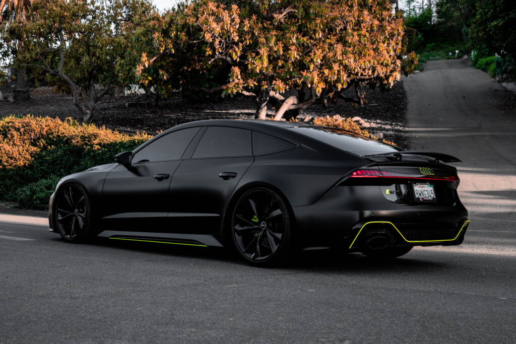 Audi RS7 in 3M 2080 Satin Black with acid green accents by California Motorsports, El Cajon