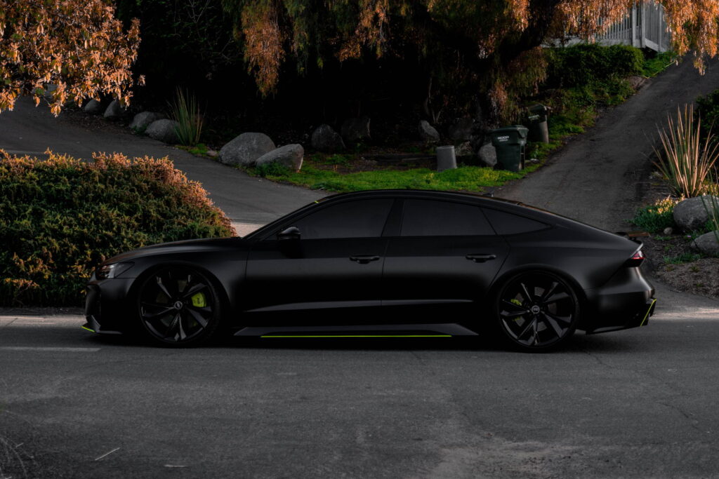 Audi RS7 in 3M 2080 Satin Black with acid green accents by California Motorsports, El Cajon