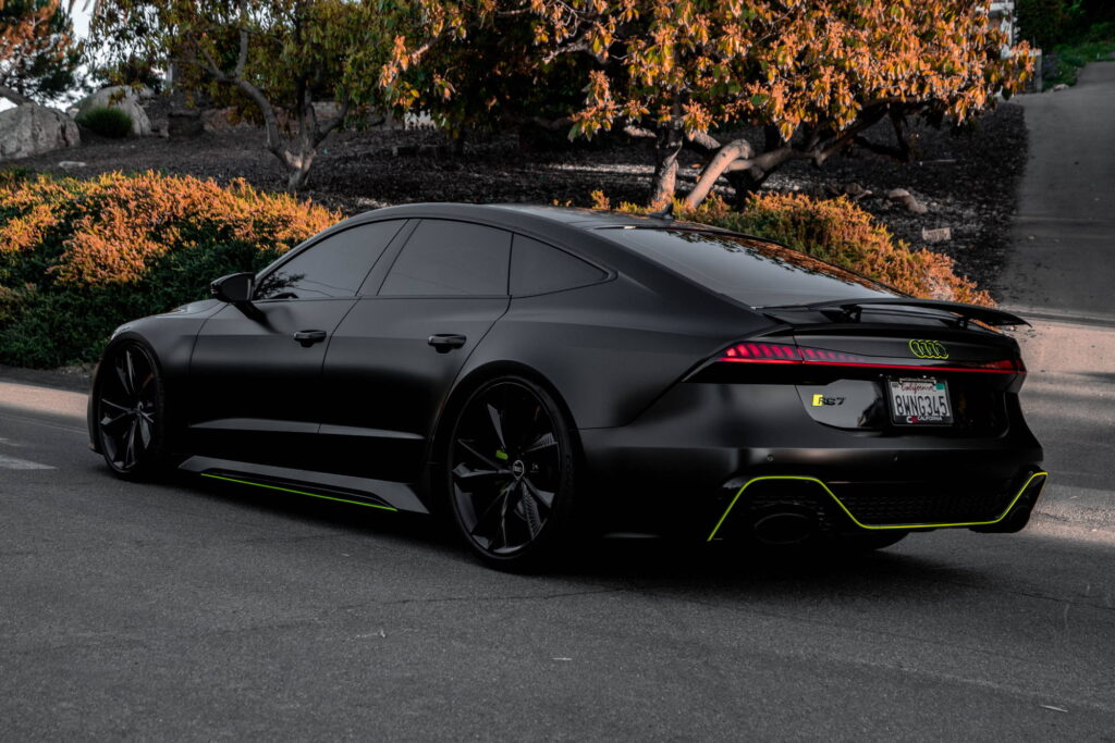 Audi RS7 in 3M 2080 Satin Black with acid green accents by California Motorsports, El Cajon