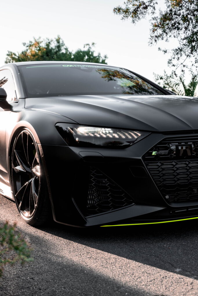 Audi RS7 in 3M 2080 Satin Black with acid green accents by California Motorsports, El Cajon