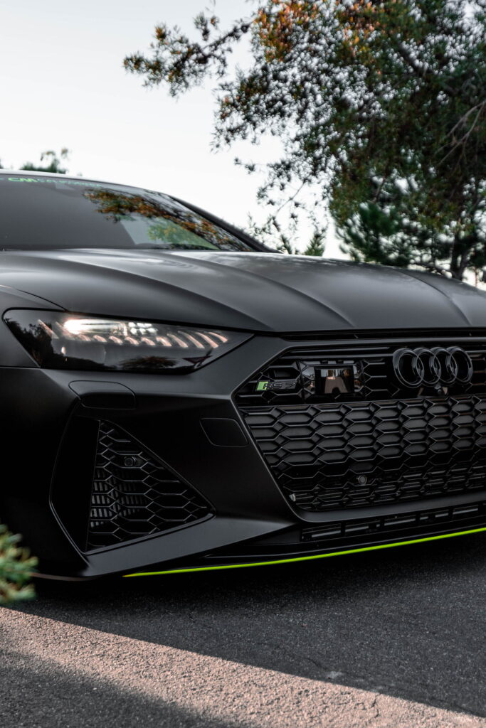 Audi RS7 in 3M 2080 Satin Black with acid green accents by California Motorsports, El Cajon