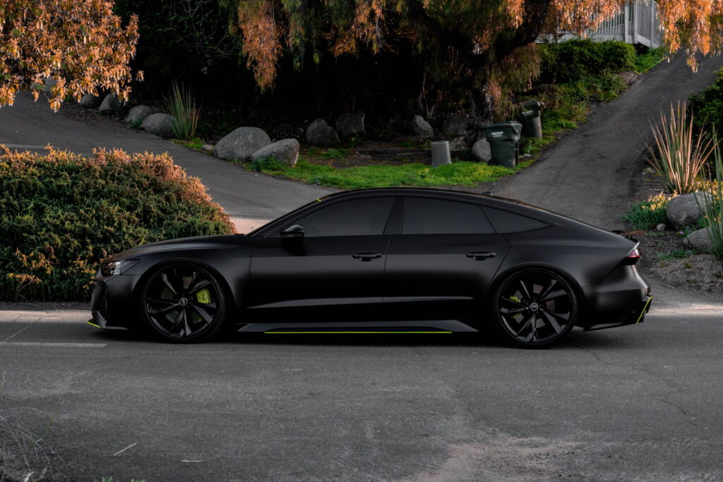Audi RS7 in 3M 2080 Satin Black with acid green accents by California Motorsports, El Cajon