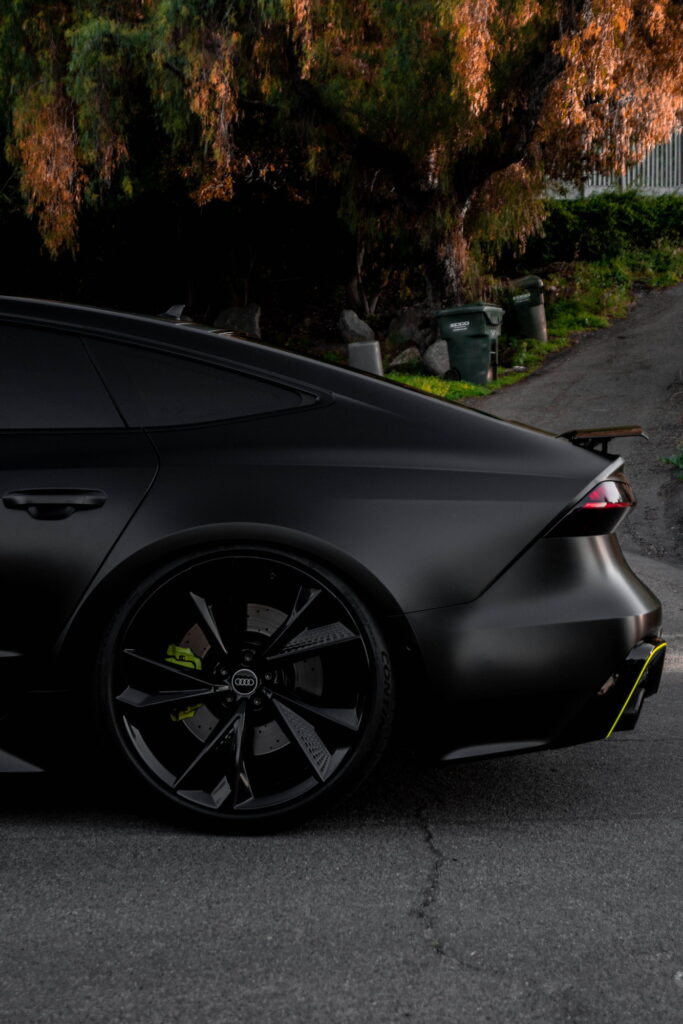 Audi RS7 in 3M 2080 Satin Black with acid green accents by California Motorsports, El Cajon