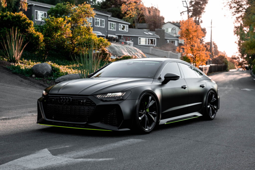 Audi RS7 in 3M 2080 Satin Black with acid green accents by California Motorsports, El Cajon