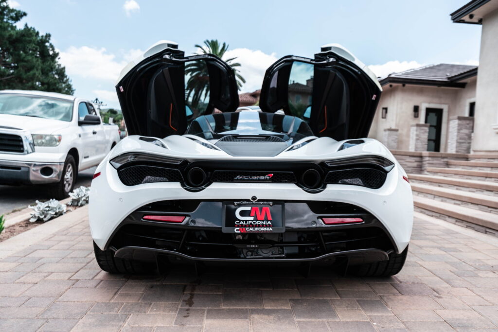 White McLaren 720S with carbon fiber mirror caps and side intake blades fitted by California Motorsports